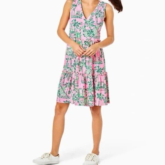 Lilly Pulitzer Lorina Tiered Flowy Dress - White Pink Green Pattern Medium - Picture 1 of 10